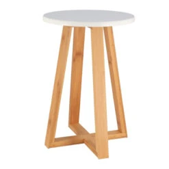 Tabouret Avec Pieds En Bambou & Plateau Blanc