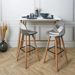 Tabouret De Bar Patchwork Gris Pieds Bois -MaisonChic Magasin tabouret de bar patchwork gris pieds bois 4